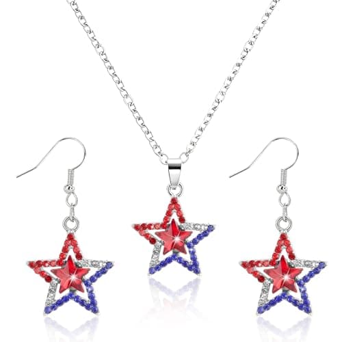 Casoty 4th of July Patriotic Jewelry Set for Women Red White Blue Star Necklace and Dangle Earrings for Independence Day Memorial Day Labor Day Patriotic Party Holiday Gift