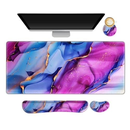 NXZGO Large Gaming Mouse Pad Set, 4 in 1 Ergonomics Keyboard Desk Mat with Memory Foam Wrist Rest, Computer PC Extended Game Mousepad, Non-Slip Desk Pad Matt Easy Typing Pain Relief I Colorful Marble
