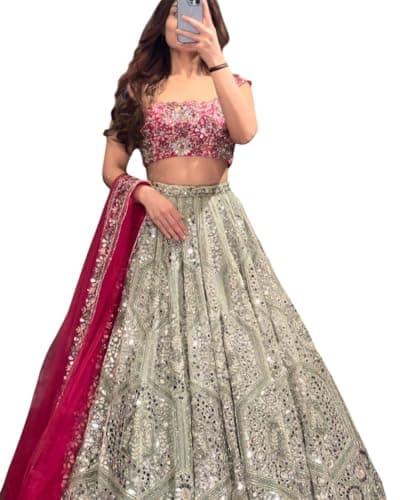 OQQTOO Indian Style lehenga choli for women Wedding Party Wear stitched. (White, 38)