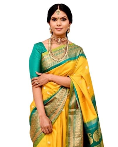Aqila Attire South Indian Yellow Silk Saree with Blue Border and Blouse For Women featuring Godwal Pattu Saree. (Unstitched Blouse)
