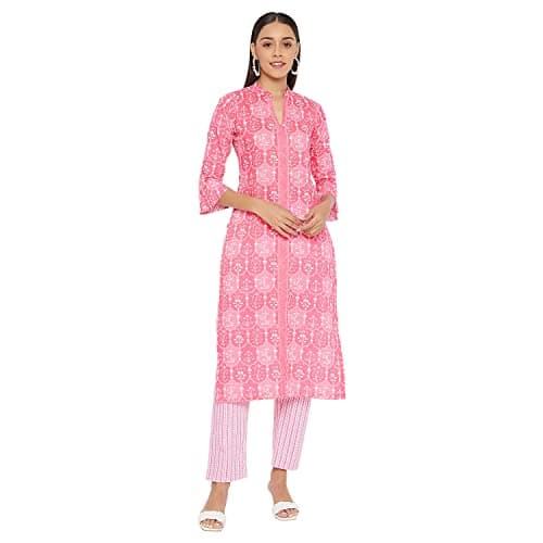 Tissu Women's Pink & White Pure Cotton Floral Printed Kurta with Pyjamas (Tis-583_Pink_XL)