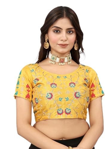 Indian Readymade Designer Embroidered Saree Party Wear Bollywood Style Choli Top Sari Blouse for Women Yellow