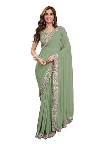 TRENDMALLS Women's Georgette Lakhanvi Embroidery with Sequence Moti work Women Saree (K1001-Pista)