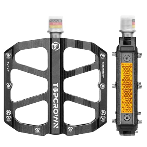Topcrown Mountain Bike Pedals with Reflectors, Aluminum Metal Bicycle Flat Pedals 9/16" - 3 Sealed Bearings, Non-Slip Wide Platform with Removable Pins for MTB, Road Bike, BMX, Ebike (Black)