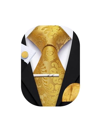 YOHOWA Gold Tie for Men with Tie Clip Paisley Silk Necktie Pocket Square Cufflinks Set Formal Wedding Party Business