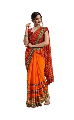 saree for Womens Ethnic Indian Wedding Gift Sari With Blouse Piece party wear (Red & Orange, Unstitched)