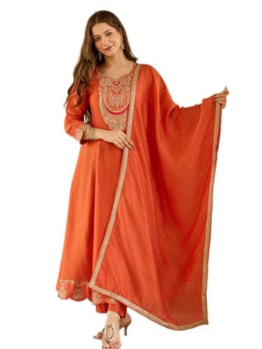 The Red Lion Enterprise Women’s Embroidered Flared Kurti Pant Dupatta Set | Festive Partywear Rust Color Suit (US, Alpha, X-Large, Regular, Regular, Rust Orange)