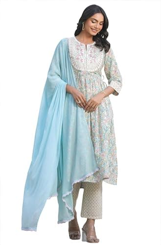 Janasya Indian Women's Cotton Off White Yoke Embroidered Festive Wear Kurta Set for Women