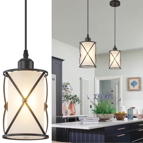 foucasal Industrial Pendant Light for Kitchen Island, Retro Style Cage Pendant Lighting with Frosted Glass, Farmhouse Mini Hanging Light for Dining Room Foyer