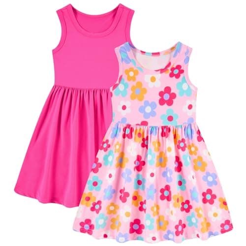 Funnycokid Toddler Girls Dress 4T 5T Sleeveless 2 Pack Kids Summer Sundress Clothes Floral Pink 4-5 Years