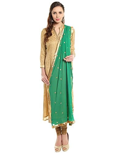 DUPATTA BAZAAR Women's Embroidered Green & Gold Chiffon Dupatta