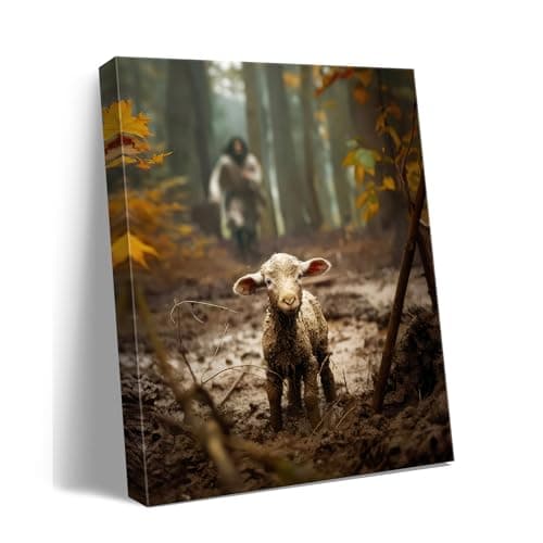 Religious wall decor for prayer room Christian wall art for Christmas decorations indoor Jesus and Lamb canvas wall prints Jesus Running After Lost Lamb Picture for home decor Baptism gifts for boys-girl serenity prayer wall art Christian gifts for Women,christians,pastor,teachers,Mother's A-333