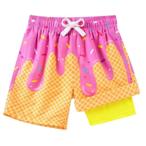 Belovecol Boy Swim Trunks with Compression Liner Pink Ice Cream Swimsuit Size 10-12 Anti-Chafe Swim Shorts for Seaside Vacation