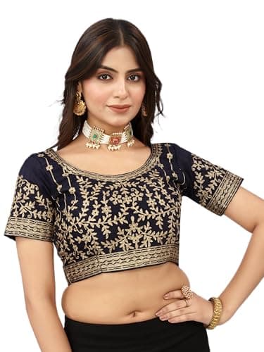 Indian Readymade Designer Embroidered Saree Party Wear Bollywood Style Choli Top Sari Blouse for Women Navy Blue
