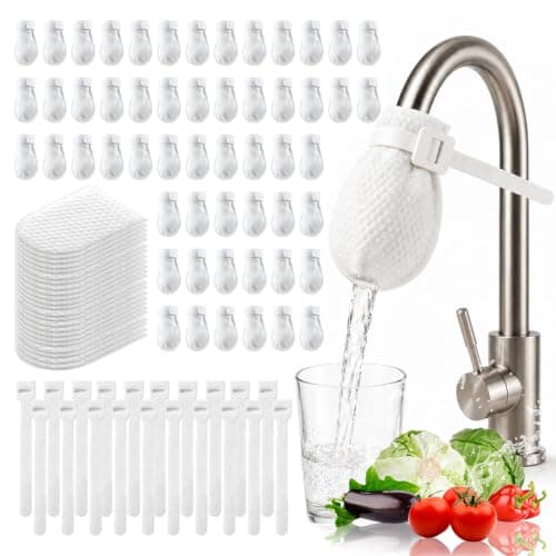 Faucet Filter Cotton Bag, 100PCS Faucet Filter Bags for Kitchen Sink with 20 Fixed Straps, Splash Proof, High Density Universal Faucet Filter Bag with Sediment Barrier, for Kitchen Bathroom Faucet