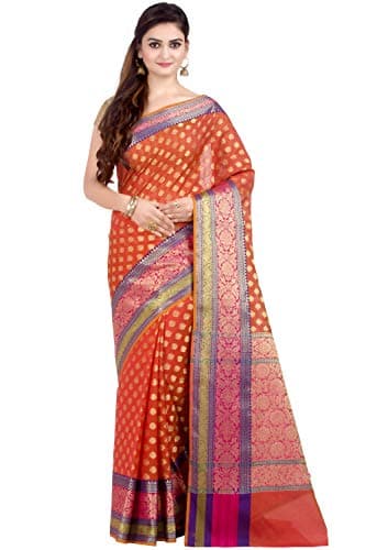 Chandrakala Women's Orange Cotton Silk Blend Banarasi Saree,Free Size(1080ORA)