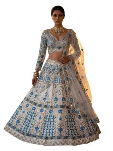 Indian Wedding Style Navratri Lehenga Choli For Women Party Wear with Dupatta. (white-blue, 34)
