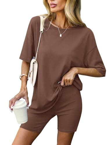 Ekouaer Women 2 Piece Lounge Sets Moisture Wicking Summer Outfits 2026 Oversized T-Shirt and Biker Short Matching Sets Brown Large