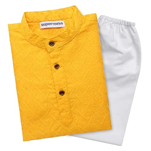 Superminis Baby Boys Ethnic Wear Colored Cotton Chikankari Kurta, Round Collar, Full Sleeves With White Pyjama, Kurta Set (Yellow, 6-7 Years)