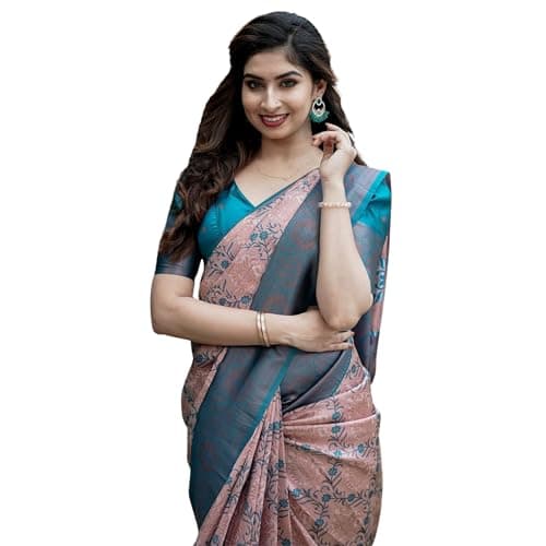 KNETLI Art Silk Saree for Women's With Unstitched Blouse (Peach Rama)