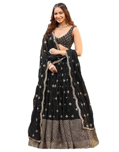 STELLACOUTURE indian ready to wear lehenga choli for women flared party night with stitched blouse 8332-U (Black, 42)