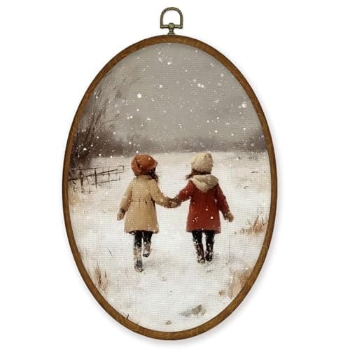 WULQYING Vintage Christmas Wall Art Decor, Rustic Winter Girls Christmas Oval Framed Canvas Art Prints, Farmhouse Snowy Winter Xmas Wall Hanging Decor for Home Nursery Living Room, 8.6x11.4 Inches