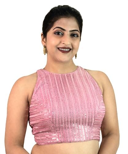 FIGURE'S DESIGNER Women's Sequin Embroidered Halter Neck Sleeveless Readymade Saree Blouse Indian Ethnic Designer Stitched Plus Size Top Padded Lavender Pink Blue Silver Black Red Gold E2 (Pink, 42)