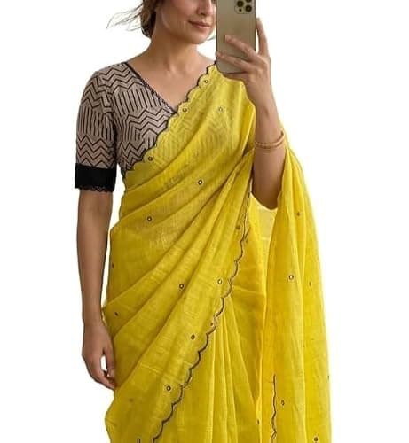 Linen Cotton Saree with Blouse, Yellow, Black Mirror Work
