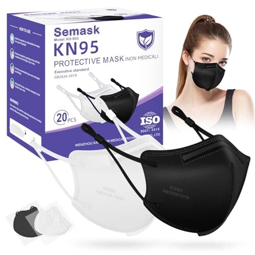 Semask KN95 Adjustable Adult Face Masks 20Pack with Adjustable Ear Loops and Anti-Fog Nose Pad, White and Black, Individually Wrapped,10 Black + 10 White