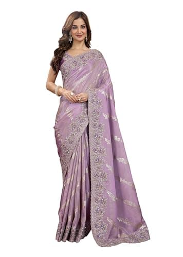 TRENDMALLS Women's Jacquard Silk Embroidery Saree with Unstitched Blouse Piece (K1177-LightPurple)