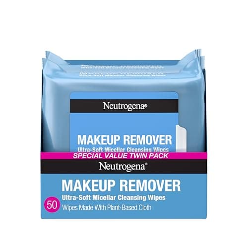 Neutrogena Makeup Remover Micellar Wipes for Face Daily Gently Removes Oil Dirt and Waterproof Makeup in a Simple Fully Plant-Based Cloth, 2 pack of 25 ct