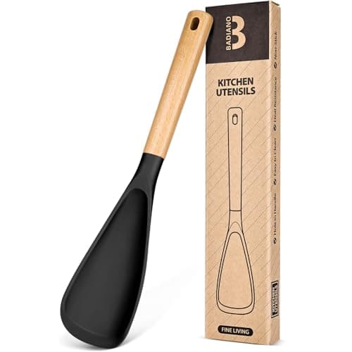 Cooking Spoon for Nonstick Cookwares, Great for Cooking and Serving Sturdy BPA-Free Matte Silicone, Wood Handle Spoon for Mixing, Scoop, and Scrape (BLACK, 13.4 inch)