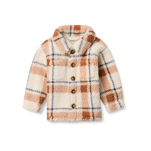 Amazon Essentials x Sofia Grainge Baby Boys' Sherpa Fleece Overshirt Jacket, Ivory Light Caramel Simple Plaid, 12 Months