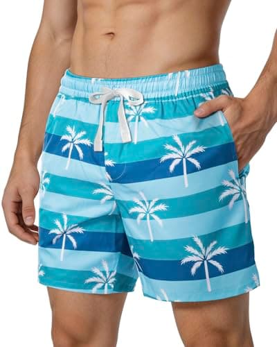 FreSprtti Mens Swim Trunks with Compression Liner Shorts Stretch Mens Bathing Suits Quick Dry Board Shorts Pockets Swimsuit Blue-Green
