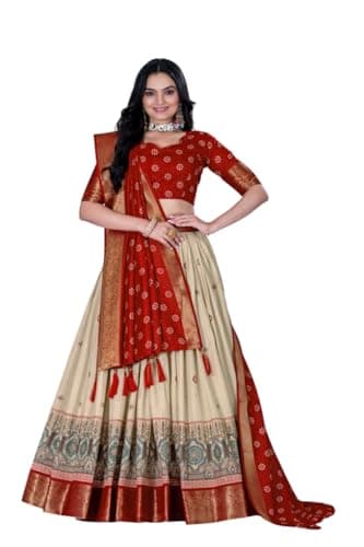 qoulrin Ready To Wear Indian Lehenga Choli, Dupata with Stitched Blouse For Women Party, Festival Wear. (orange, 46)