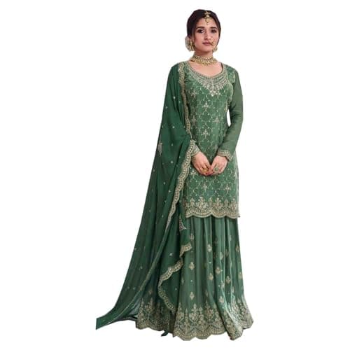 We Designer Indian/Pakistani Party Wear Sharara Style for Womens Georgette Plaazo Salwar Kameez for Women Ready to wear (US, Numeric, 46, Regular, Regular, Pista)