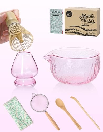 HRTISNW Matcha Whisk Set, 7 Pcs, Matcha Kit Includes Matcha Bowl, Matcha Whisk and Holder, Bamboo Scoop, Spoon, Sifter and Tea Towel, Matcha Set, Gift for Matcha Lovers & Beginners (Glass Pink)