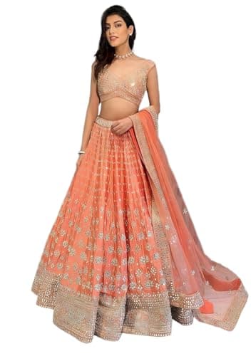 Indya Orange Embroidered Silk Blended Lehenga Set for Wedding | Sleeveless | Crew Neck | Indian Ethnic Wear