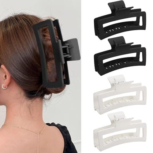 5 Inche Black and White Extra Large Claw Clips for Thick and Long Hair, 4 Pack Xl Jumbo Oversized Matte Non-slip Rectangle Hair Clips for Women, Big Strong Hold Jaw
