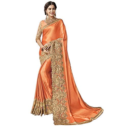 TRENDMALLS Women's Lycra Embroidery Work Saree with Unstitched Blouse Piece (K817-Orange)