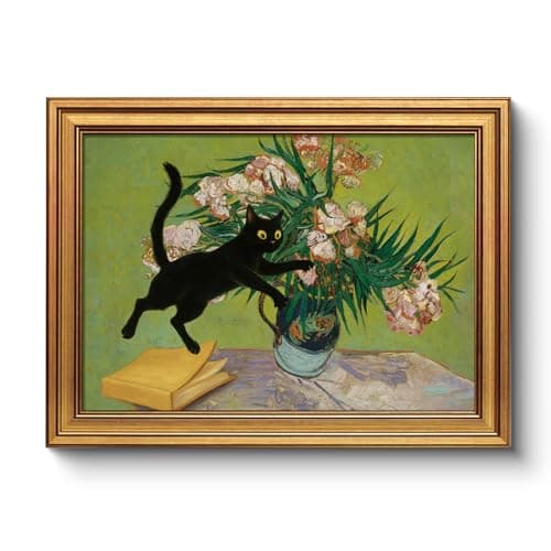 Vintage Funny Black Cat Oleanders Wall Art Gold Framed Canvas Wall Art, Classic 12x16 Van Gogh Inspired Pink Flowers Painting Print, Playful Cat and Vase Artwork Bedroom Study Office Décor