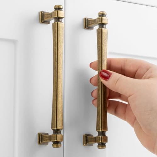 ASKANO 10 Pack 5 Inch Hole Centers, Antique Brass Cabinet Pulls Vintage Brass Cabinet Handles Brass Kitchen Hardware for Cabinets 2501 Drawers Bedroom Dresser Bathroom Vanity Cupboard Closet
