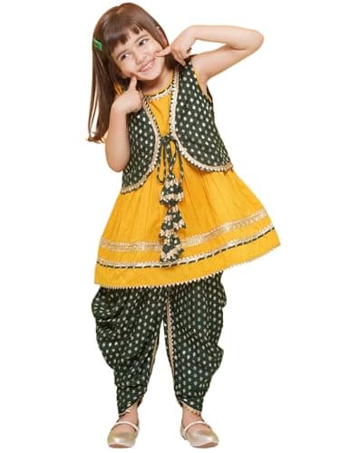 AJ DEZINES Kids Indian Ethnic Wear Yellow Motif Printed Kurta Salwar Suit Set With Half Jacket For Girls (G-1155-YELLOW-30)