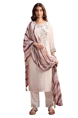 Janasya Indian Women's Chanderi Silk Cream Embroidered Casual Wear Kurta Set for Women