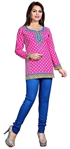 Maple Clothing Indian Tunics Short Kurta Top Blouse Women's Kurti India Apparel (Pink, 3XL)