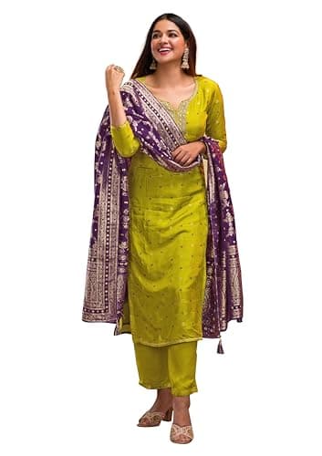 TRENDMALLS Women's Silk Embroidery Kurta Pant Set with Banarasi Dupatta (G238-Green-L)