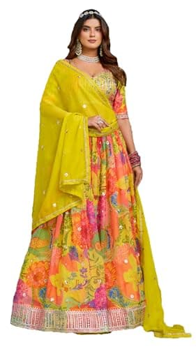 STELLACOUTURE Ready to Wear Lehenga Choli Set for Women, Designer Indian Traditional Wedding Navratri Party 2994-O (Yellow, 44)