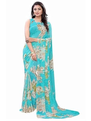 World of Deals Georgette Saree for Women With Unstitched Blouse| Indian Printed Saree for All Occassion Festival (Aqua Blue)