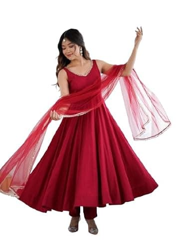 shopNstyle Indian Style Pure Roman Silk Chanderi Fabric Anarkali Gown Sleeveless Set with Dupatta