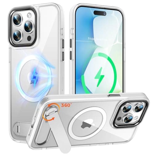 Reukdnv Clear Magnetic iPhone 15 Pro Max Case Fit for MagSafe, 360° Rotatable Kickstand, Mil-Grade Drop Protection, Anti-Yellow Transparent Slim Phone Case Non-Slip Phone Cover for iPhone 15 Pro Max